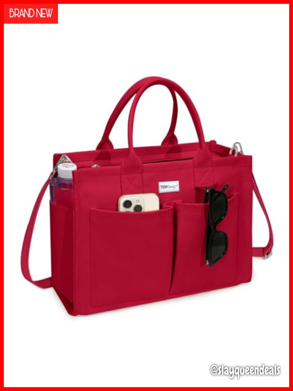 Heavy Duty 16oz Canvas Tote Bag 9 Pockets Adjustable Crossbody